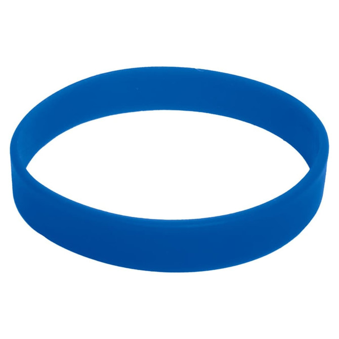 A blue silicone wristband featuring a smooth texture and a round shape, with a logo present.