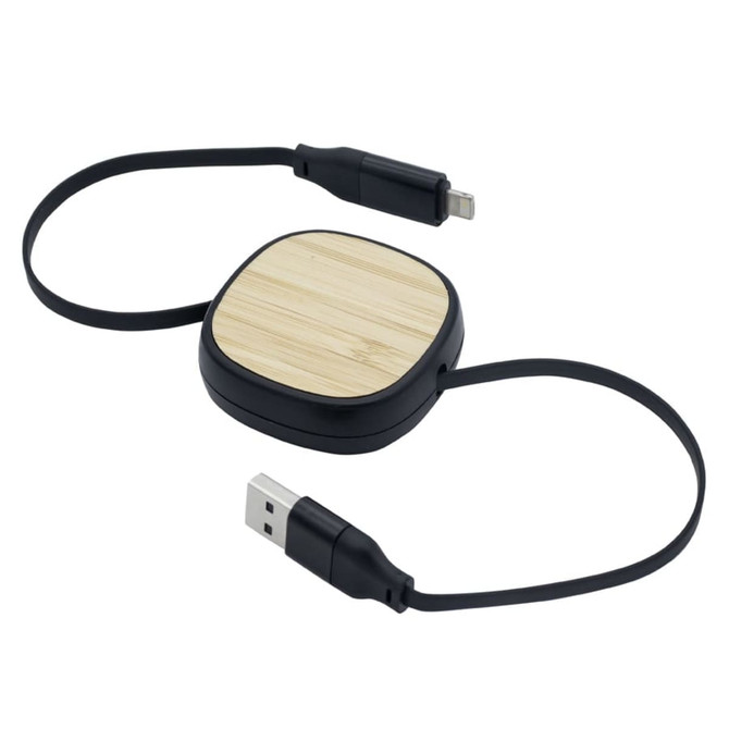 A fast charging cable with a black cord and a wooden top, featuring USB and connector ends.