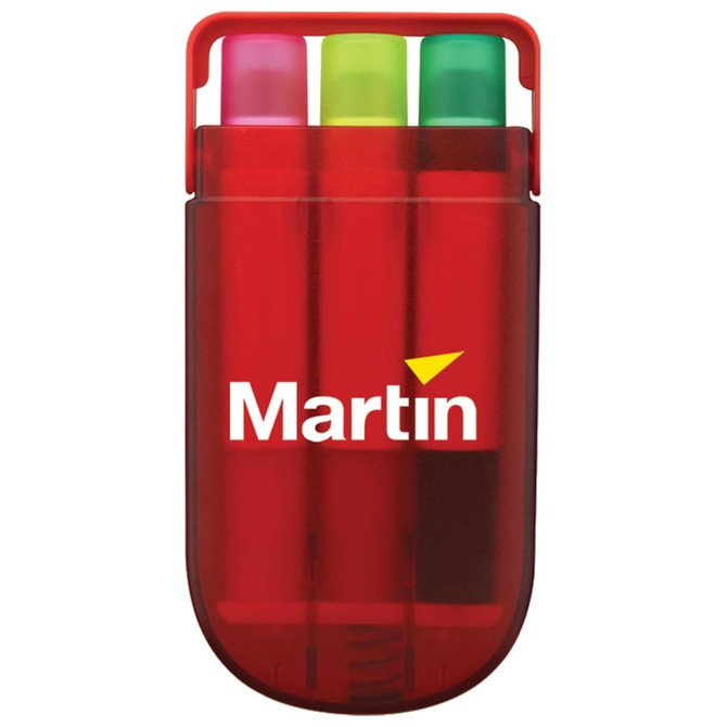 A set of three highlighters in pink, green, and yellow, housed in a red carrying case with a logo.