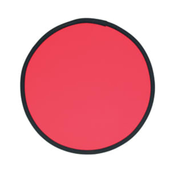 A red fold-up flying disc with a black rim, designed for easy portability.