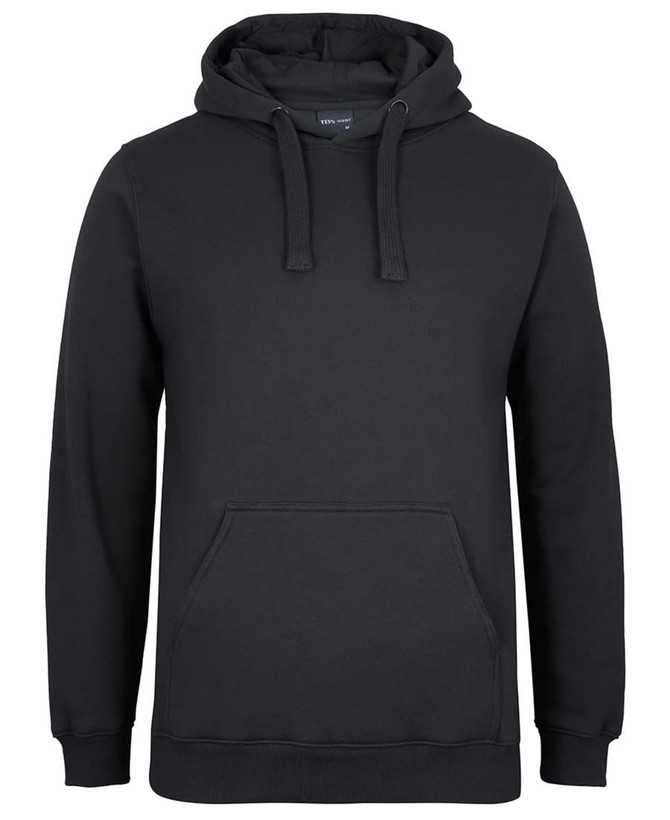 A black hoodie featuring a front pocket and drawstrings on the hood. It has a logo on the label.