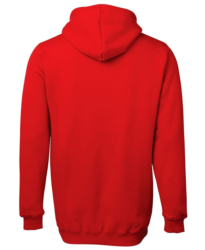 A red hoodie with a spacious hood and long sleeves, featuring a plain back design.