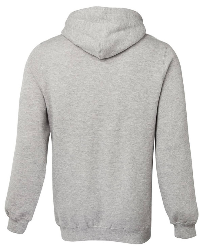 A grey hoodie featuring a kangaroo pocket and a drawstring hood, with a logo on the back.