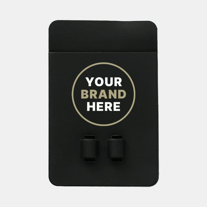 A black silicone phone wallet featuring two slots and a branding area.