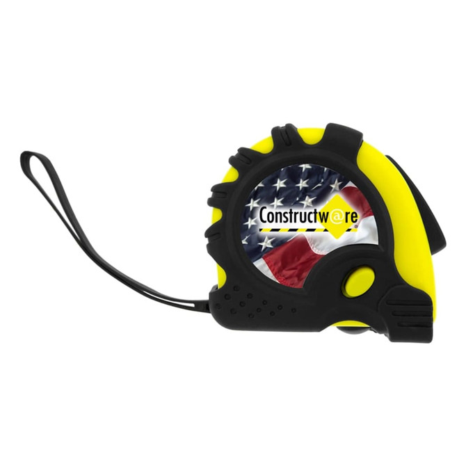 A tape measure in black and yellow, featuring a design with the American flag and a branding logo.