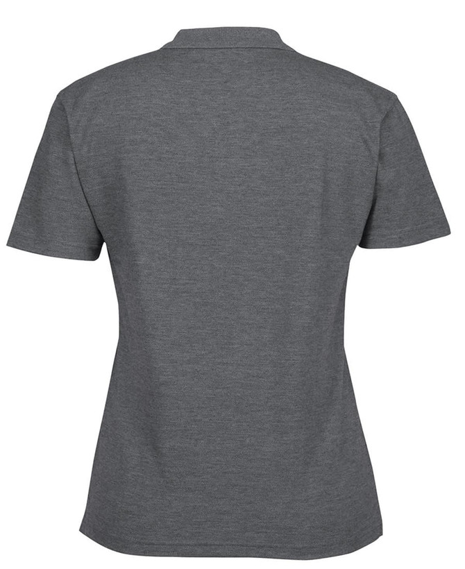 A grey ladies polo shirt featuring a classic design and a collar, with a branding logo on the back.