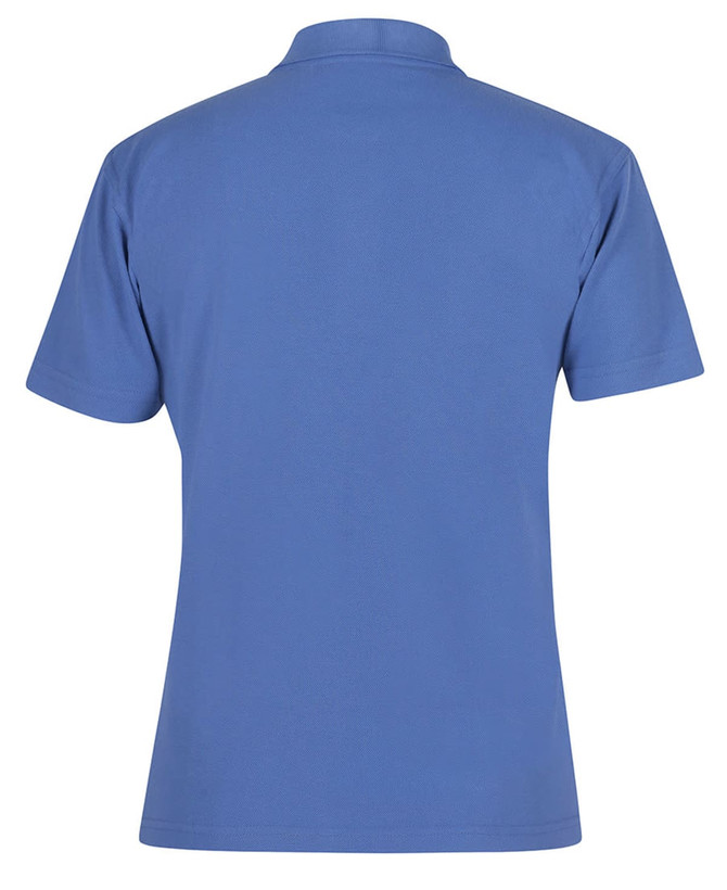 A blue polo shirt with a collar and short sleeves, featuring a logo on the back.