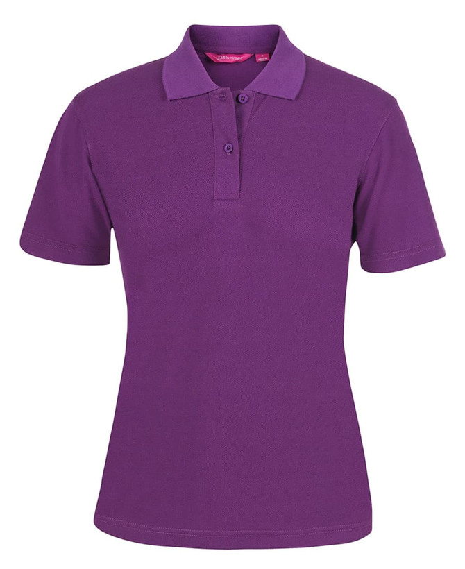 A purple women's polo shirt with a collared neck and short sleeves, featuring a logo.