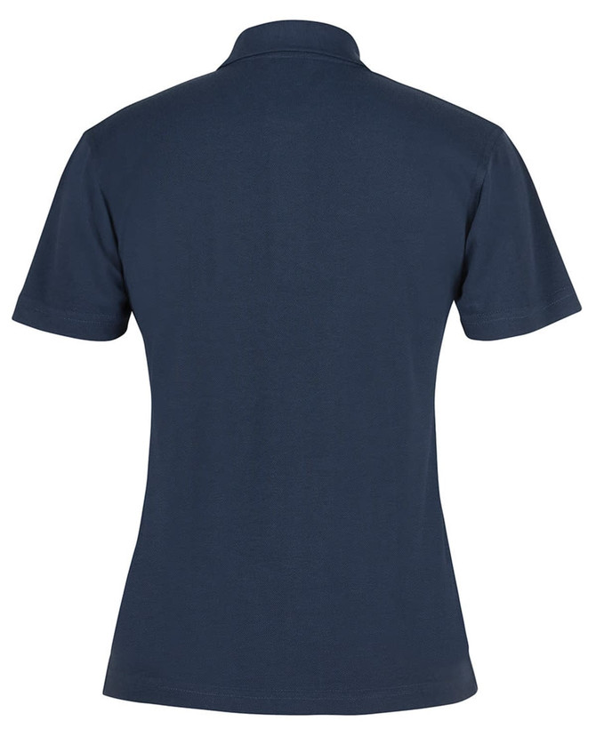 A navy blue ladies' polo shirt with a classic collar and short sleeves, featuring a logo on the back.