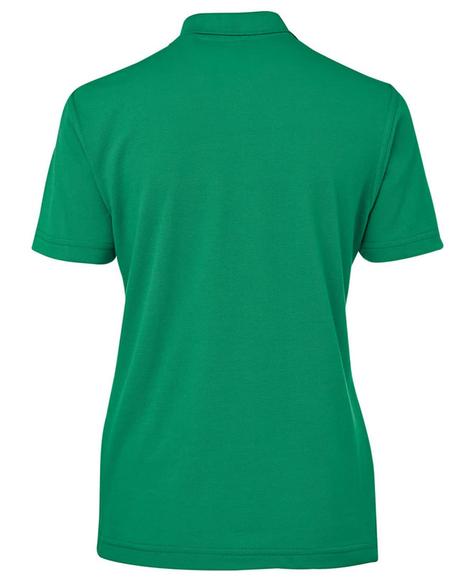 A green polo shirt with a classic collar, featuring a logo on the back.