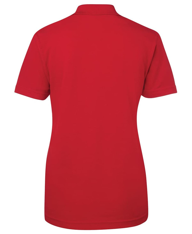 A red polo shirt featuring a collar and short sleeves, with a logo on the back.