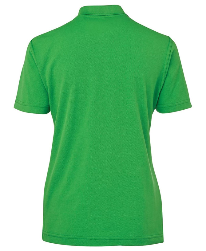 A vibrant green polo shirt featuring a collar and short sleeves, with a logo.