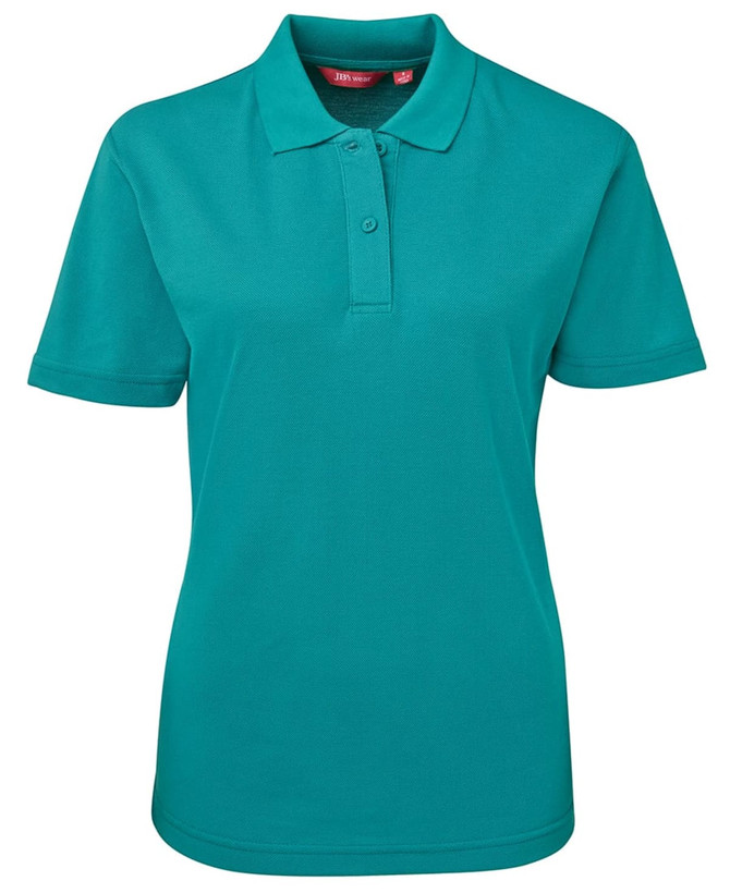 A teal women's polo shirt with a collar, short sleeves, and a brand logo.