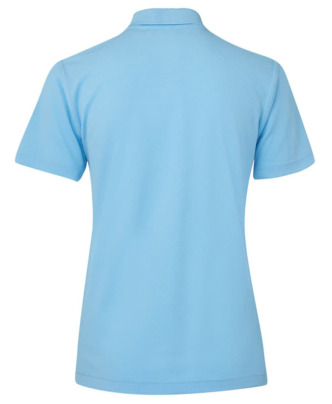 A light blue women's polo shirt featuring a collar and short sleeves, with a logo on the side.
