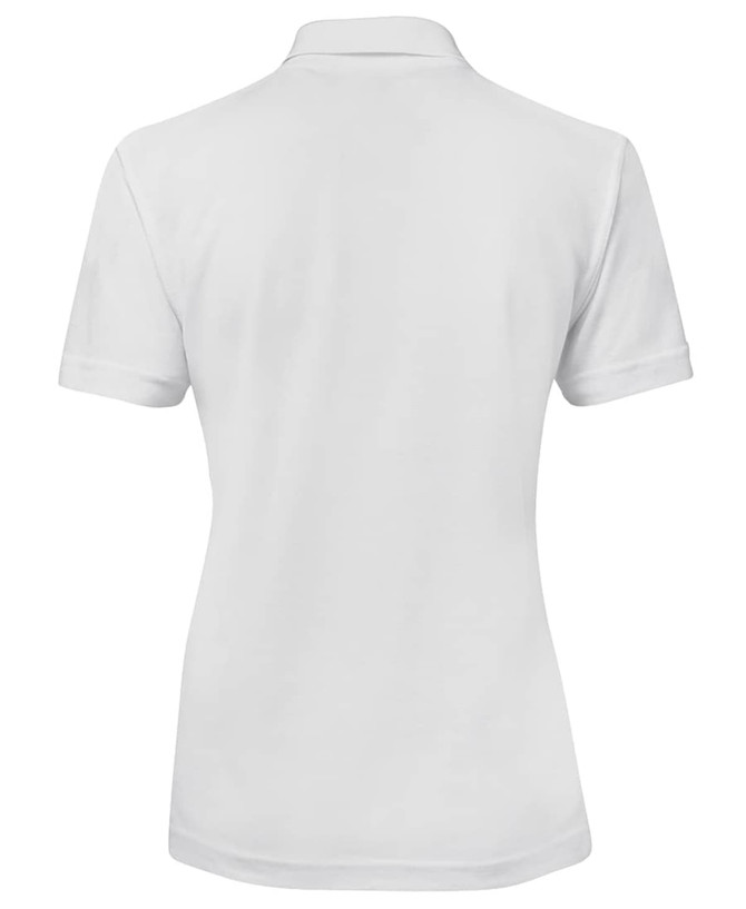 A white ladies' polo shirt featuring a classic collar and short sleeves, designed in a fitted style with a logo.