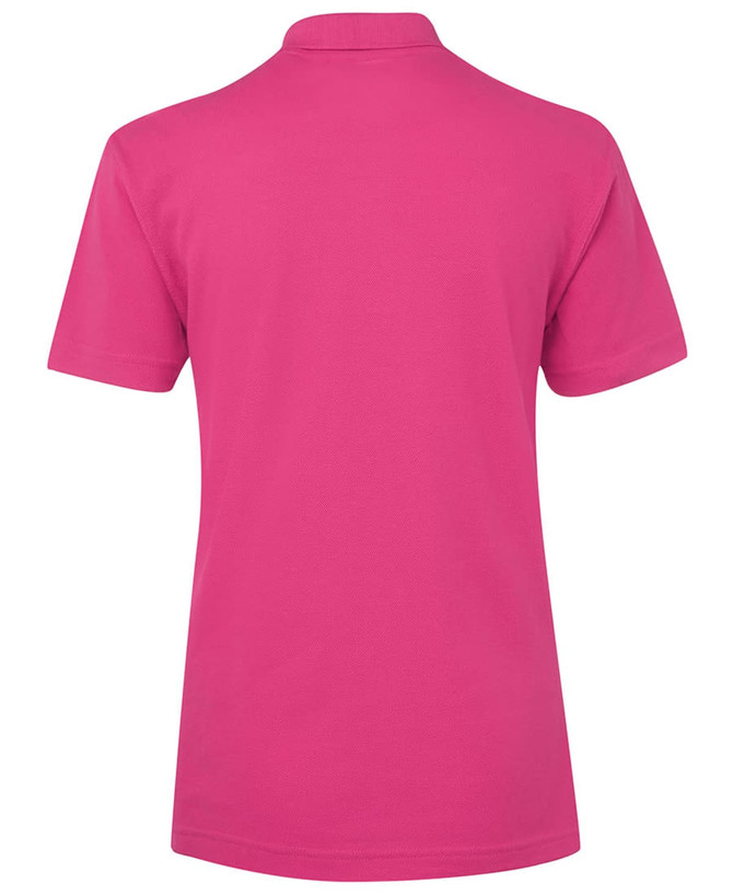 A pink polo shirt with a collar and short sleeves, featuring a branding logo on the back.
