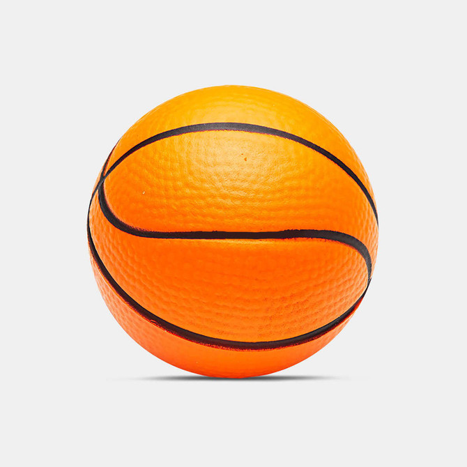 An orange stress ball shaped like a basketball, featuring black lines and a textured surface.