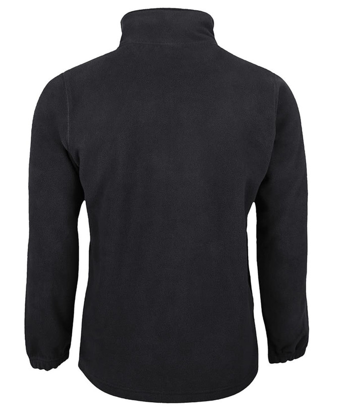 A black polar fleece jacket with a high collar and long sleeves, featuring a branding logo.