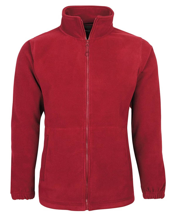 A red polar fleece jacket with a zip front, high collar, and side pockets. It features a logo on the chest.