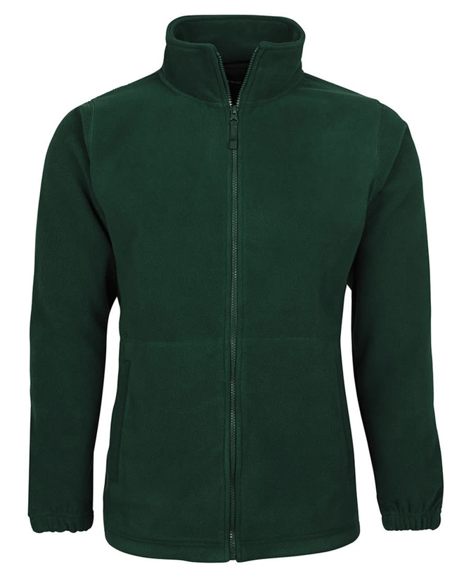 A polar fleece jacket in a deep green colour featuring a full zip and two side pockets, with a logo on the front.