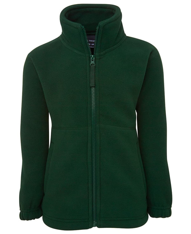 A green polar fleece jacket with a high collar and front zip, featuring side pockets and elastic cuffs.