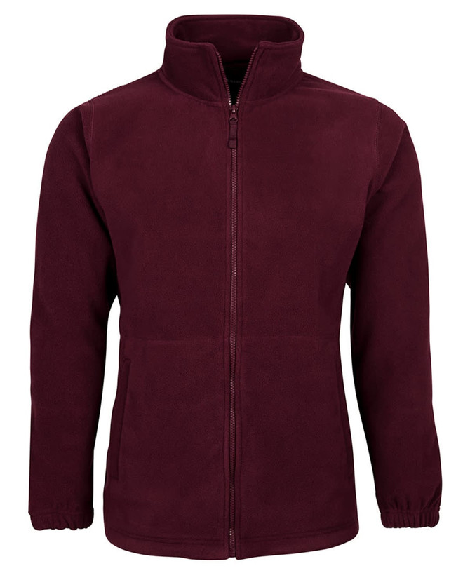 A burgundy polar fleece jacket with a full zip and two front pockets, featuring a logo on one side.