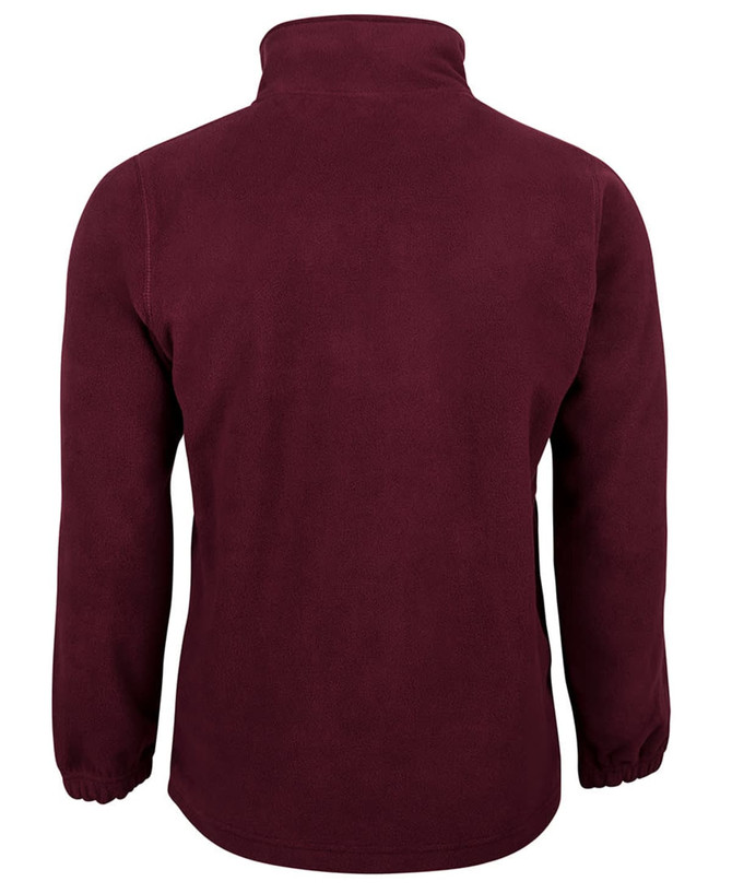 A maroon polar fleece jacket with a high collar and elastic cuffs, featuring a logo on the back.