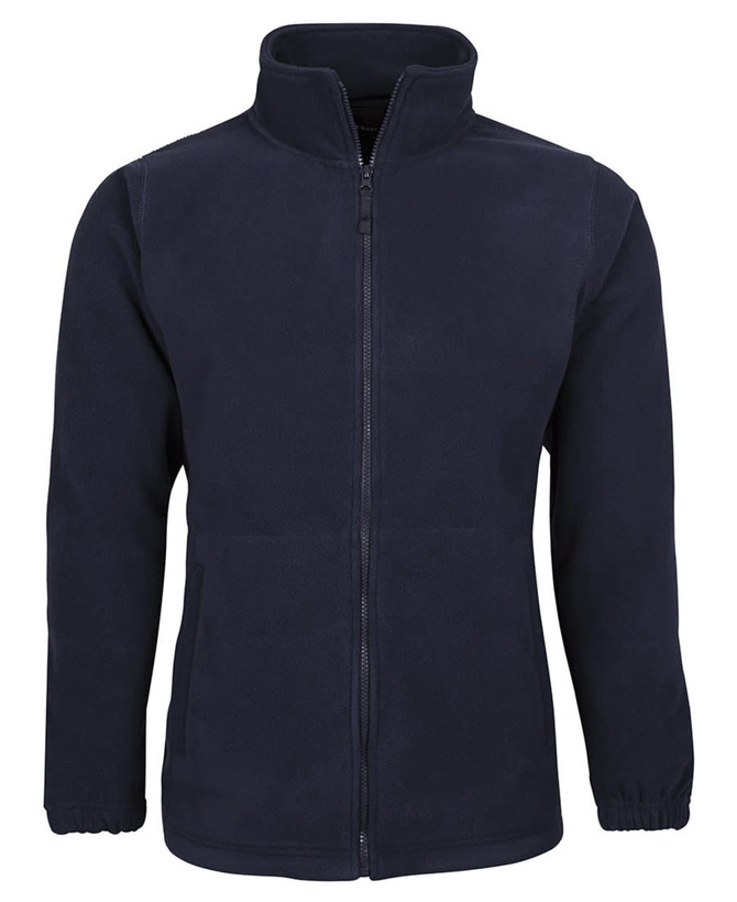A navy polar fleece jacket featuring a zip front and pockets, with elastic cuffs and a stand-up collar.