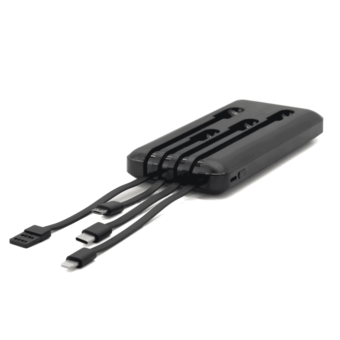 A black power bank with integrated charging cables, featuring USB and USB-C connectors. It has a sleek design.