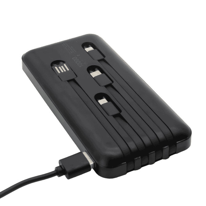 A black power bank with three ports and a USB charging cable. It has a logo on the surface.