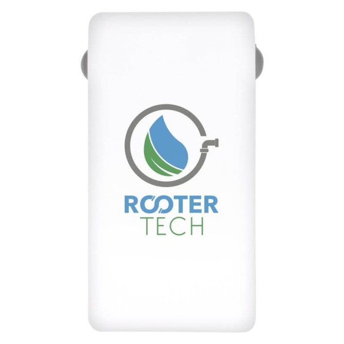 A white power bank with a rounded shape, featuring a logo on the front.
