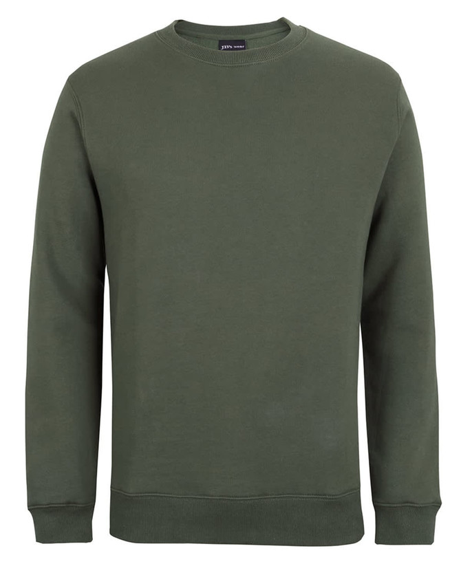 A green jumper with a round neckline and long sleeves, featuring a simple design and a logo.
