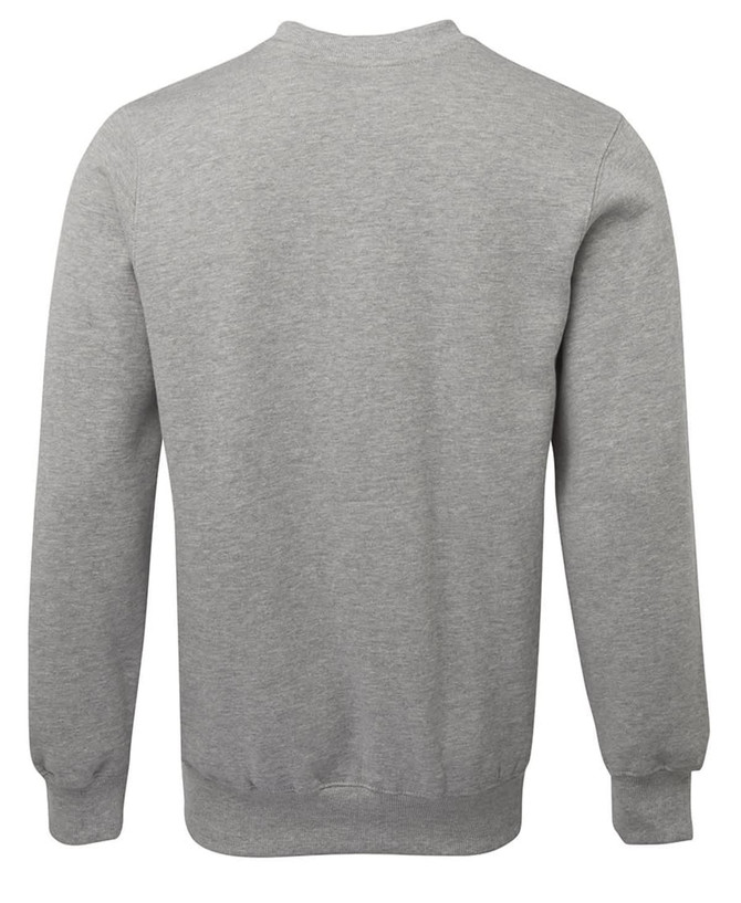 A grey jumper with a round neck and long sleeves, featuring a plain back design and elasticised cuffs.