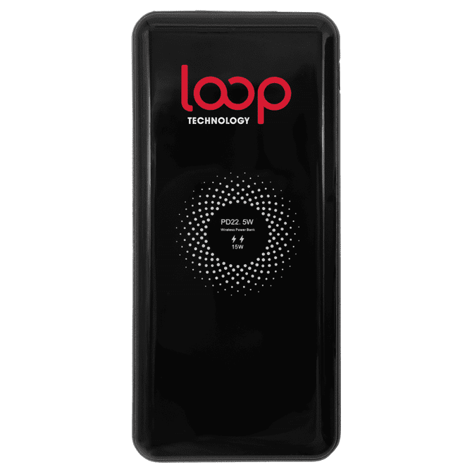 A black power bank with a logo, featuring a dotted design and specifications for fast charging features.