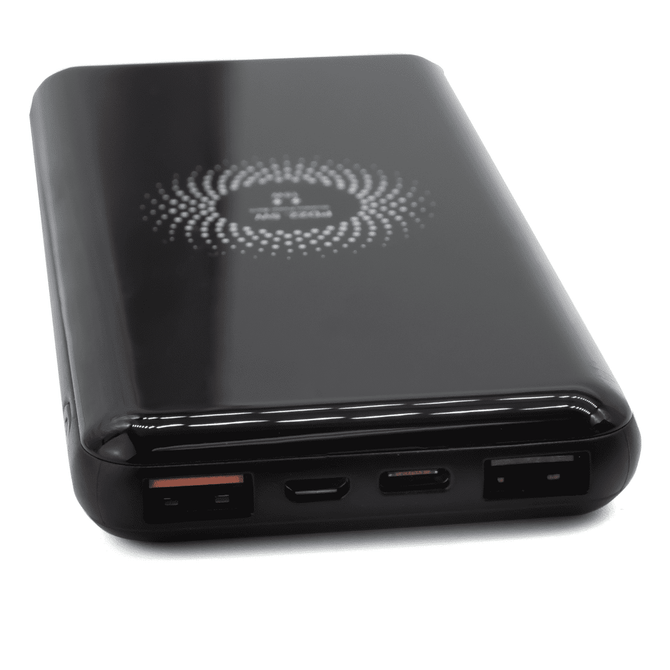 A black power bank with a glossy finish, featuring multiple charging ports and a logo on the surface.