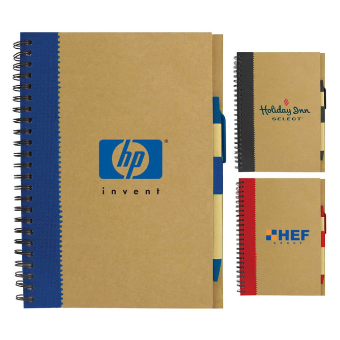 A recycled paper notebook with a spiral binding, featuring a blue, black, and red cover, each with a logo.