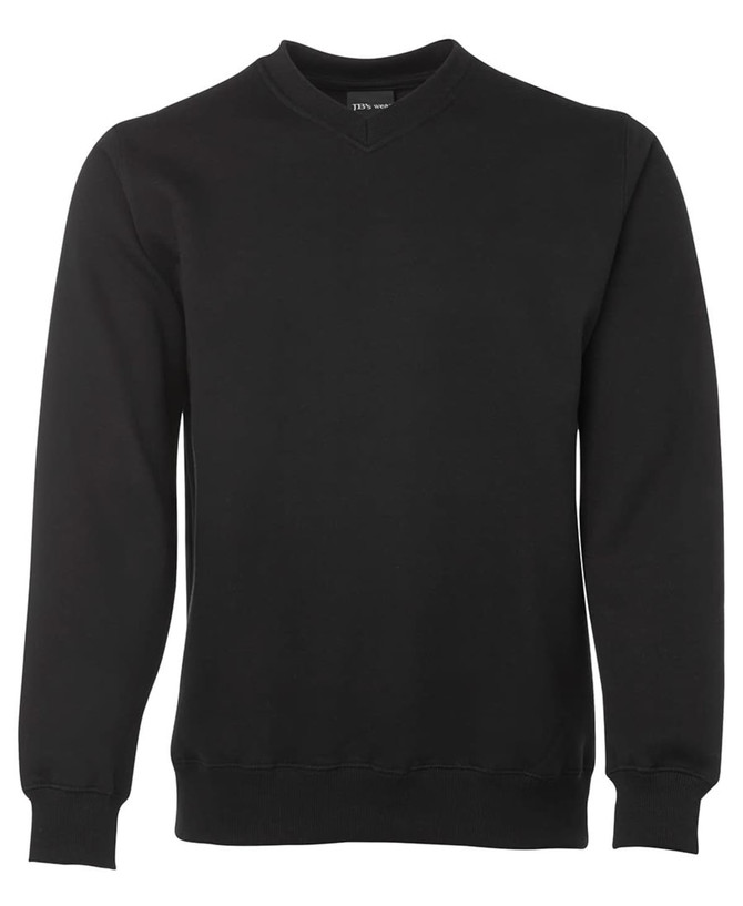 A black V-neck fleece jumper featuring long sleeves and a ribbed hem. It has a logo on the label.