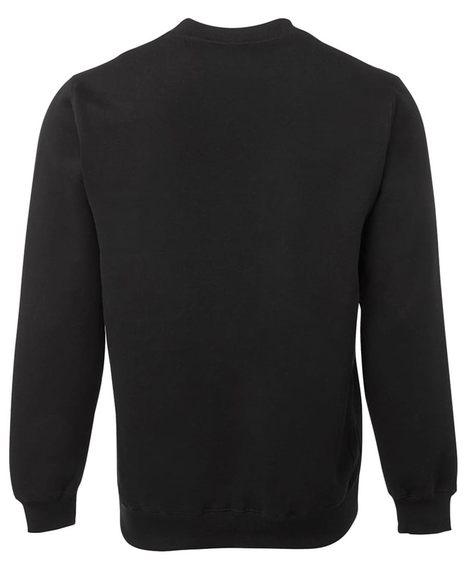 A black V-neck fleece sweater with long sleeves and a plain back. It features a logo.