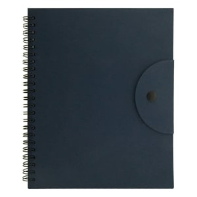 A navy blue spiral-bound notebook with a button closure and a smooth cover. It features a logo on the front.