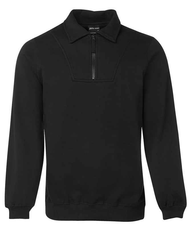 A black 1/2 zip fleecy jumper featuring a collar and long sleeves, with a logo on the label.