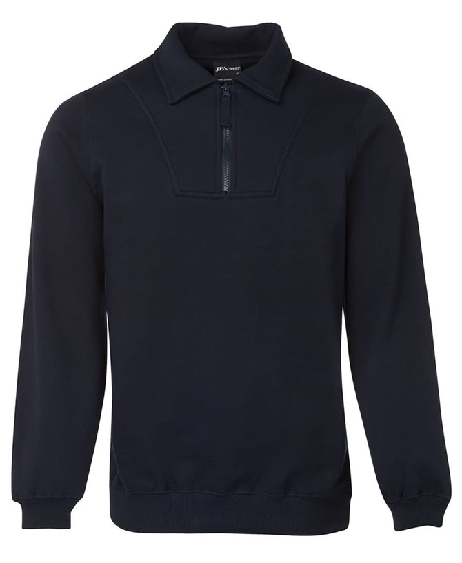 A navy 1/2 zip fleecy jumper featuring a collar and ribbed cuffs. Includes a logo on the front.