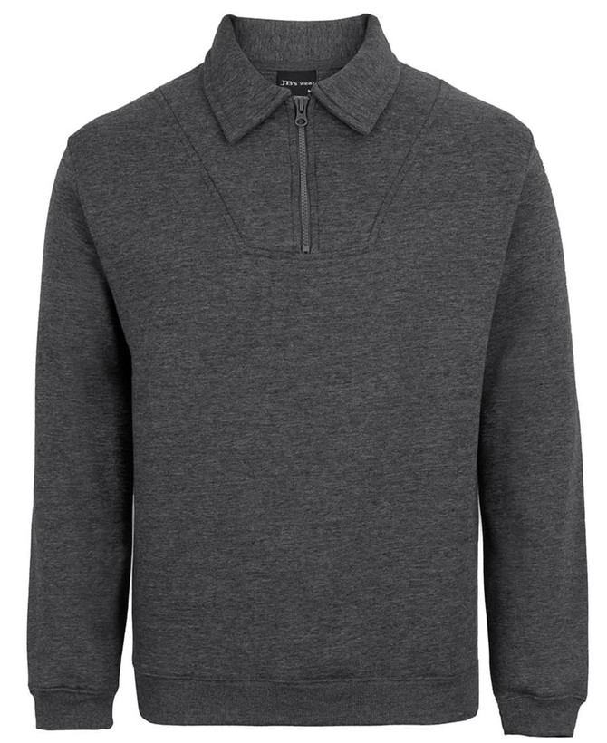 A dark grey polar fleece jumper featuring a half-zip collar and long sleeves. It has a logo on the front.