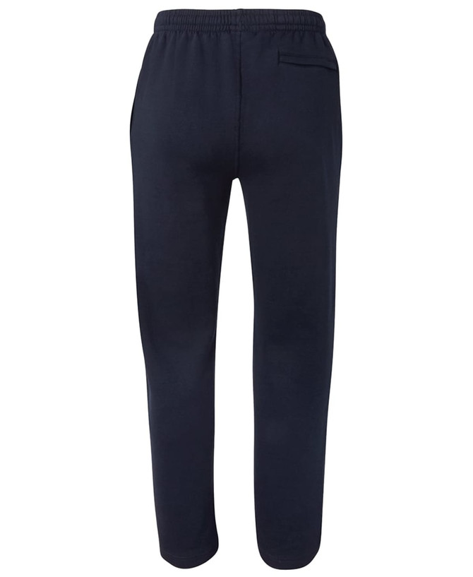 A pair of navy blue fleecy sweat pants with a relaxed fit and an elastic waistband. Features a back pocket and a logo.