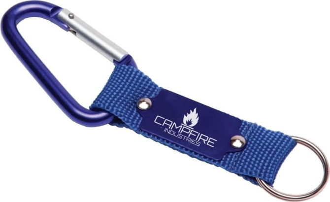 A blue keyring with a carabiner clip and a fabric strap, featuring a branding logo.