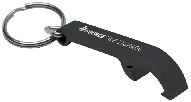A drink bottle opener keyring in black with a keychain attachment and a logo.