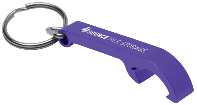 A drink bottle opener keyring in purple metal, featuring a keyring attachment and a logo.