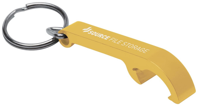 A drink bottle opener keyring in yellow, featuring a metal design with a branding logo.