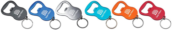A drink bottle opener keyring in various colours: black, silver, blue, teal, orange, and red, featuring a logo.