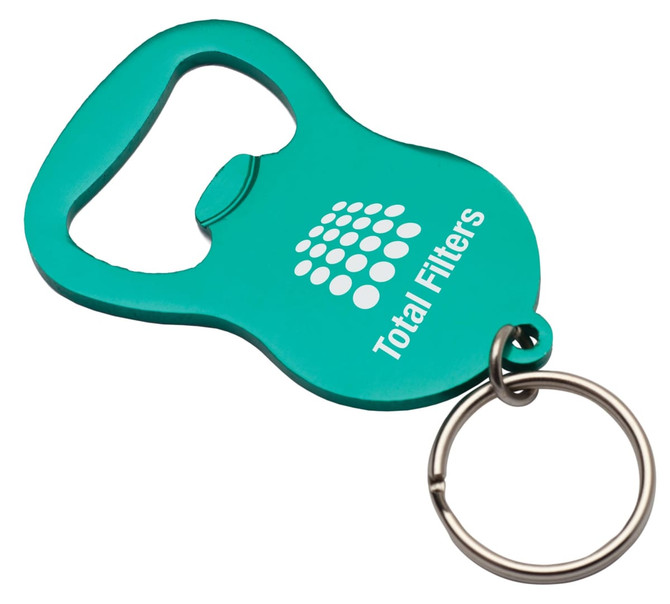 A drink bottle opener keyring in teal, featuring a keyring attachment and a logo.