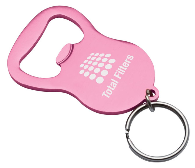 A pink Pilsner bottle opener keyring with a silver keyring attachment, featuring a logo on one side.
